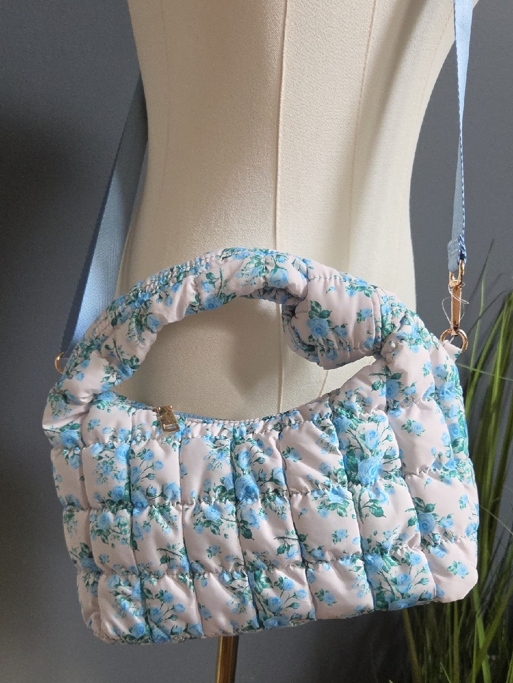 Quilted Floral Shoulder Bag in Blue and Cream NWT